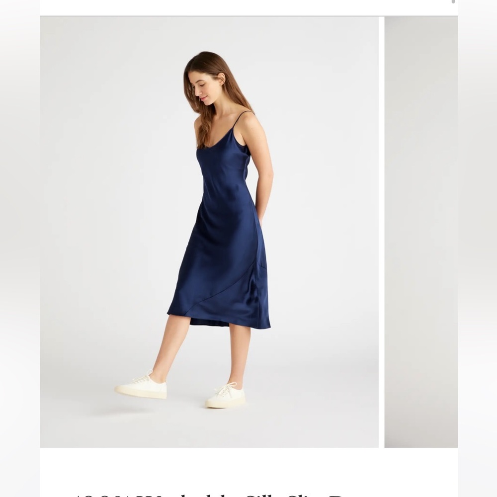 One Quince navy washable silk slip dress, size small, midi length